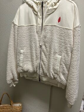 Free People NEW Cream Teddy Zip Hoodie with Red Embroidered Accent